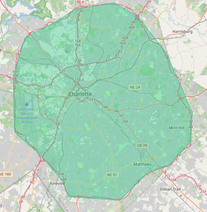 The Greensward Group service area map — inside I-485, Charlotte NC, covering Pineville, Matthews, Mint Hill and all inside-485 ZIP codes